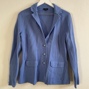 Talbots Sweater Womens Medium Blue 100% Merino Wool Cardigan Blazer Preppy